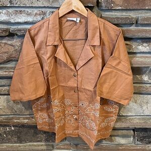 ASOS Design Brown Cotton Broderie Embroidered Camp Collar Short Sleeve Shirt